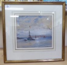 Adolphe Ragon - a shoreline scene with figures in small vessels  watercolour  bears a signature  10"