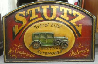A 20thC painted wooden advertising sign for 'Stutz quality build Automobiles'  24" x 36"