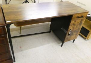 A modern single pedestal desk, the hardwood effect top raised on a metal underframe  30"h  51"w