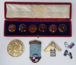 A set of six Art Deco design buttons  cased; a pair of Masonic cufflinks; a medal, on a ribbon; a