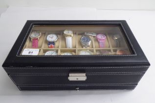 Fourteen variously cased and strapped wristwatches; and some spare straps, in a watch box