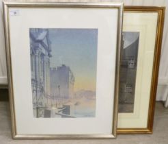 John Bowtin - a street view  watercolour  bears a signature  10" x 14"  framed; and an estuary scene