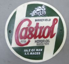 A modern painted cast iron advertising sign 'Castrol Oil'  9.5"dia