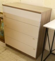 A modern white laminate and hardwood effect four drawer dressing chest, on a plinth  36"h  32"w