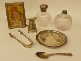 Silver collectables: to include scent bottles; a spoon; and a shallow dish  6"dia  mixed marks