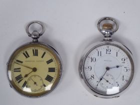 A Waltham silver plated cased pocket watch, faced by an Arabic dial, incorporating a subsidiary; and