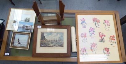 Pictures and frames: to include a pair of art deco style wooden picture frames  11"h  11"w; and a