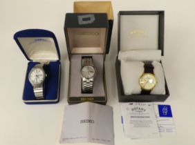 Three variously cased and strapped wristwatches, viz. a Seiko S, a Timex and a Rotary  all boxed