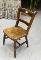 A child's late Victorian elm and stained beech lath back chair, raised on turned legs