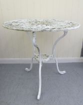 A white painted metal terrace table  28"h  30"dia