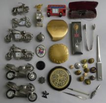 A mixed lot: to include six novelty timepieces, fashioned as motorcycles