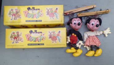 Two Standard Pelham puppets, viz. 'Walt Disney's Mickey Mouse' and 'Minnie Mouse'  boxed