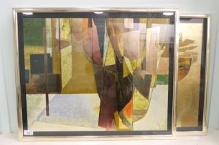 After Van Der Zee - two abstract print collages  mixed media  bearing signatures  23" x 18"  framed