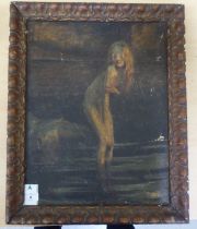 Late 19thC School - a study of a girl with long hair, posing in a shallow pool  oil on board  18"