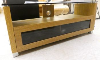 A modern laminated light oak effect and tinted glass television stand  19"h  49"w