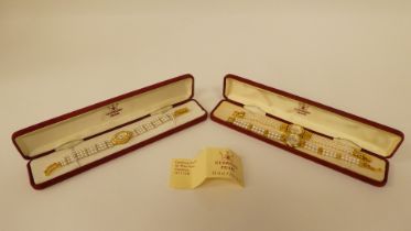Three ladies Guernsey gold plated and steel cased wristwatches, each pearl set   two boxed