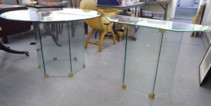 A glass top centre table  43"dia, on an open hexagonal plinth  28"h; and a matching console table