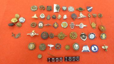 Miscellaneous vintage and later uniform and lapel badges; button and other insignia  some copies  (