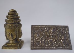 19thC Tibetan bronze objects, viz. a plaque, decorated with dancing figures  3" x 5"; and a
