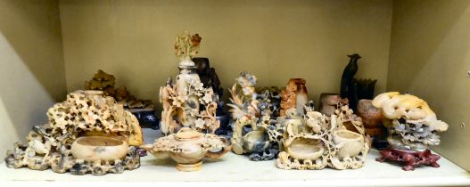 20thC carved Oriental soapstone ornaments: to include landscapes, birds and vases  mixed sizes