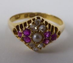 A Victorian 18ct gold cluster ring, set with a pearl, diamonds and rubies  Birmingham 1876