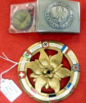 An Alpine car rally badge  dated 1934; a German Navy belt buckle; and a medallion  dated 1939 (