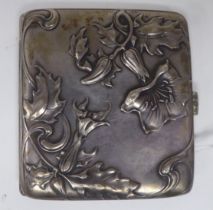 An Art Nouveau silver coloured metal folding cigarette case, on a button clasp, decorated with