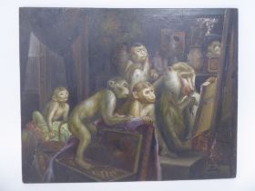 A Victorian style cartoon interior group, featuring various primates, one painting at an easel and