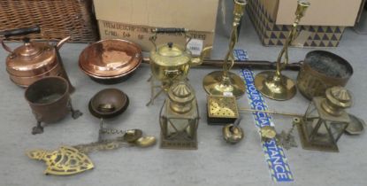 Metalware: to include a pair of lacquered brass candlesticks with open twist stems  16"h