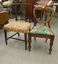 An early 19thC mahogany framed and upholstered bar back dining chair, raised on square, tapered
