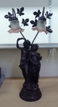 A 20thC composition bronze effect table lamp, fashioned as two children, on a plinth  31"h