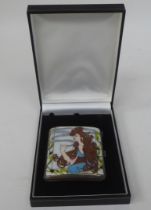 A silver folding cigarette case, on a button clasp, decorated in coloured enamel and Art Nouveau