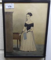 19thC British School - 'Lady Jean Urquhart' a full-length portrait  watercolour  8" x 10"  framed