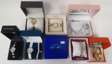 Seven ladies variously designed modern wristwatches: to include Tissot, Rotary, Sekonda and Timex