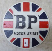 A painted cast iron sign 'BP Motor Spirit'  9.5"dia