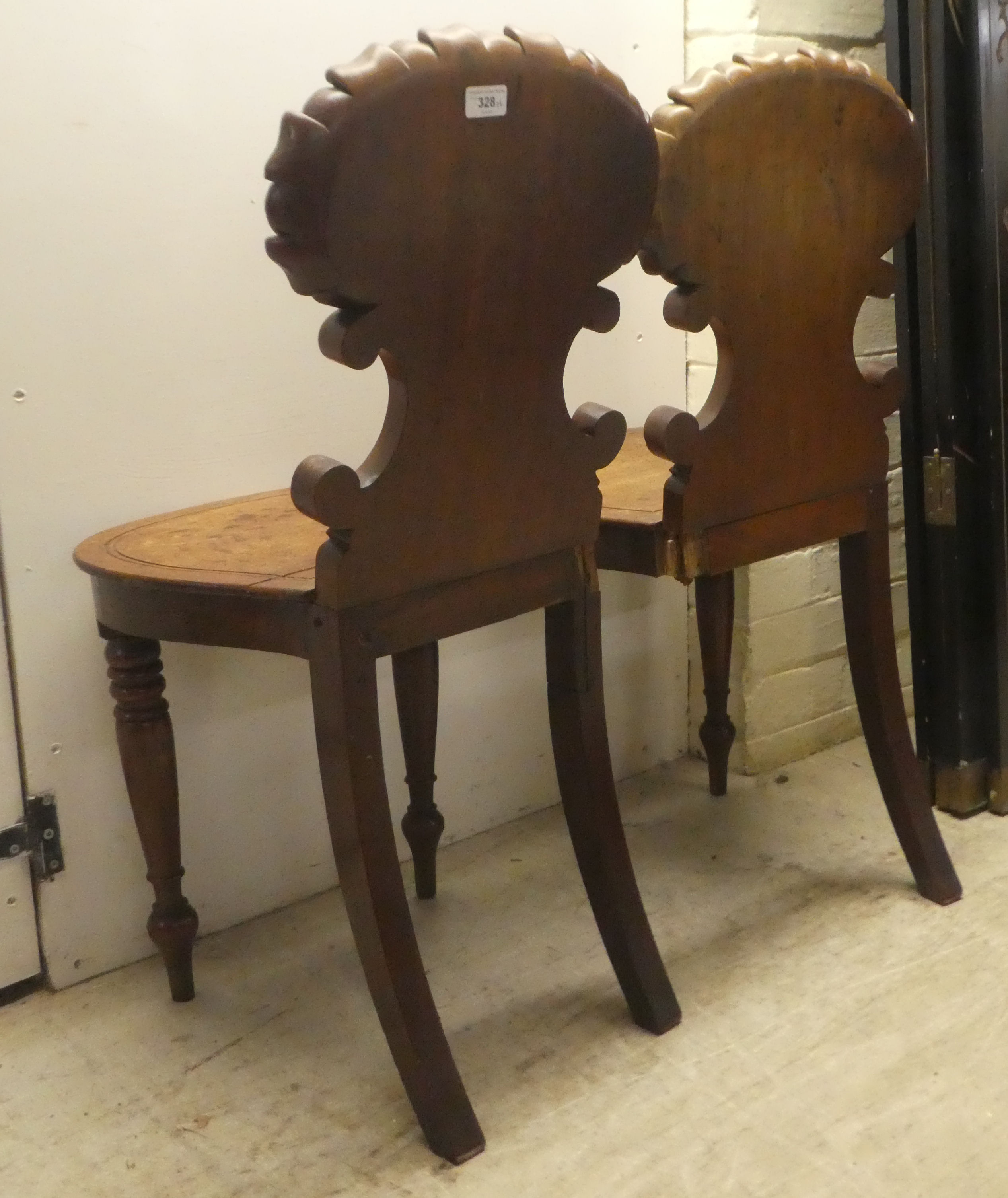 A pair of William IV mahogany hall chairs, the shell and twin C-scrolled back, over a solid seat, - Image 7 of 9