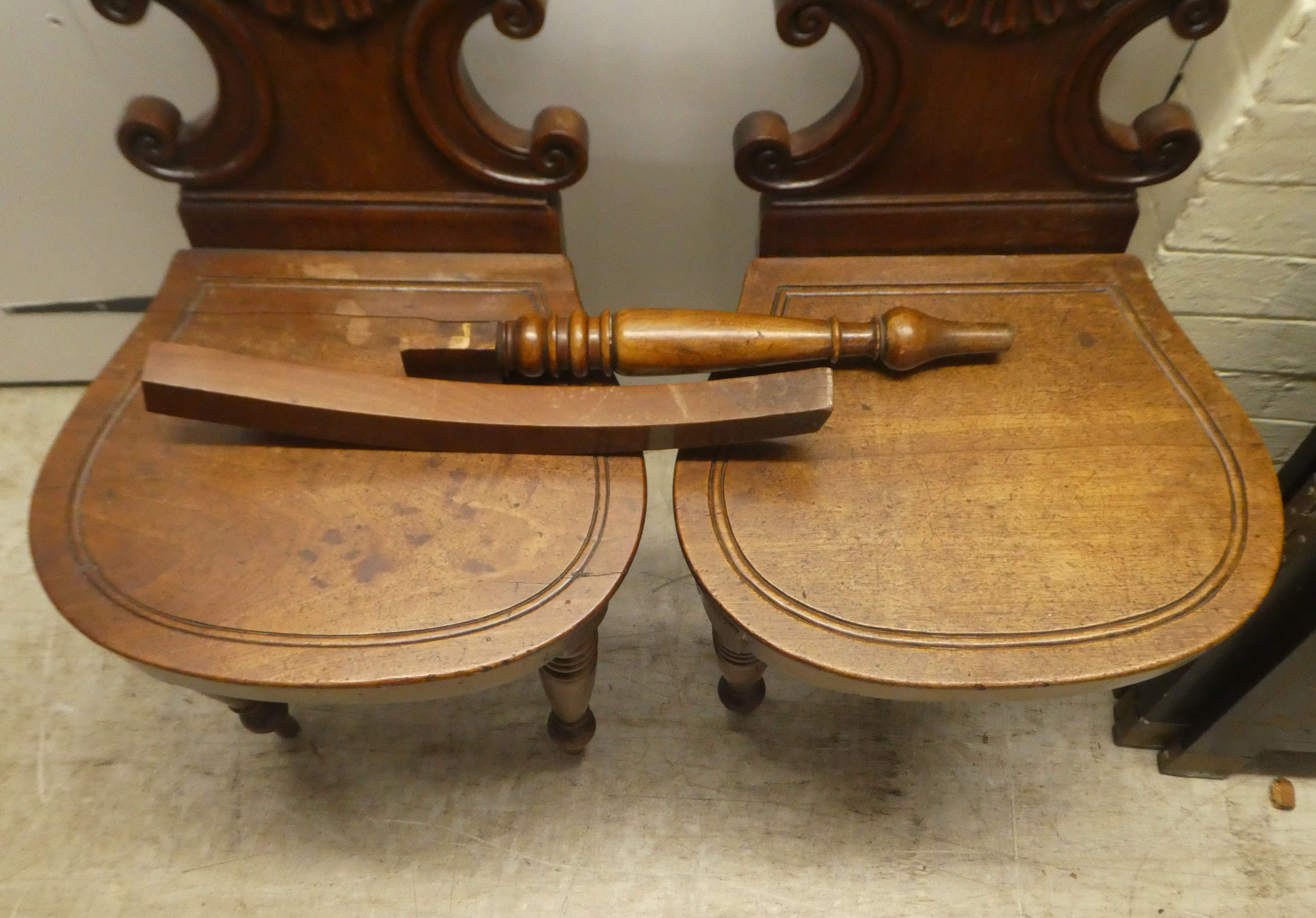 A pair of William IV mahogany hall chairs, the shell and twin C-scrolled back, over a solid seat, - Image 3 of 9