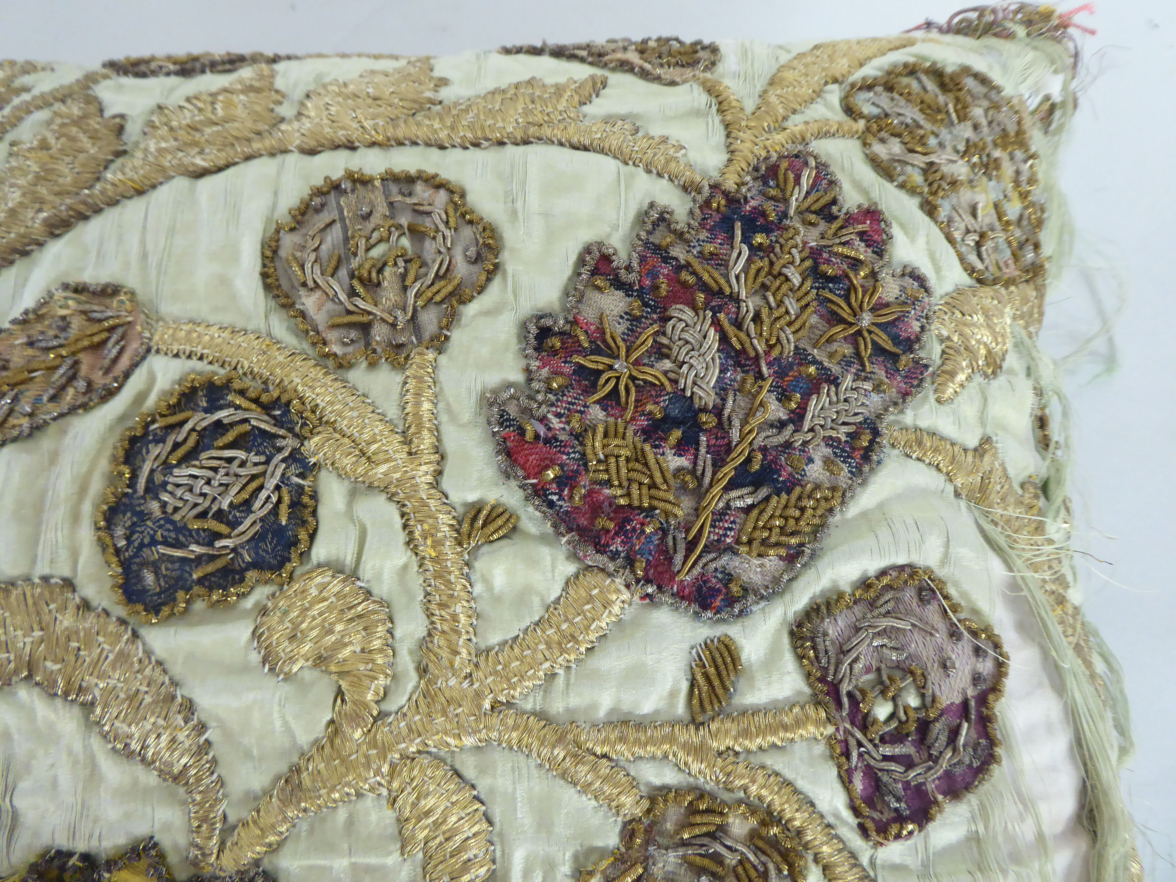 A 20thC foliate patterned embroidered scatter cushion with coloured threads - Image 2 of 4