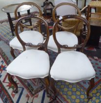 Two similar pairs of late 19thC mahogany framed open back dining chairs, the later fabric covered