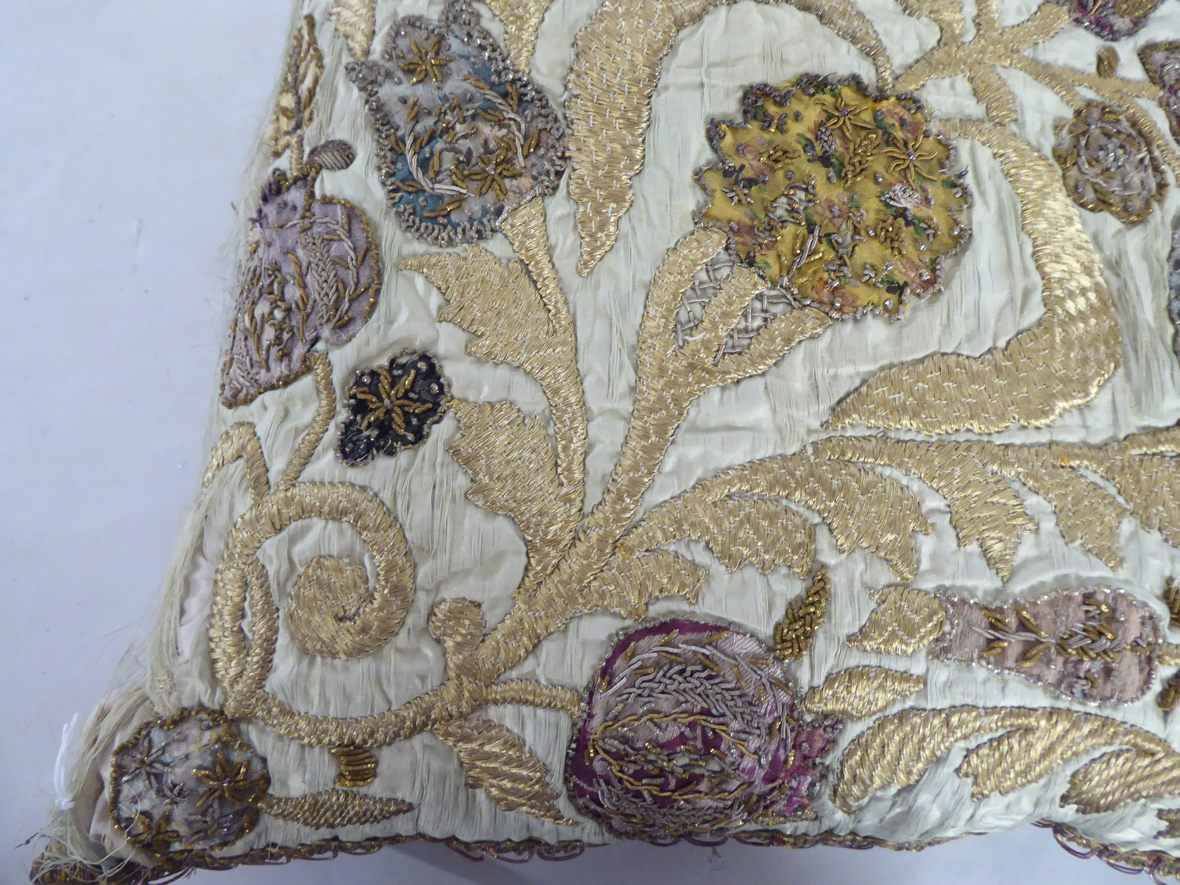 A 20thC foliate patterned embroidered scatter cushion with coloured threads - Image 3 of 4