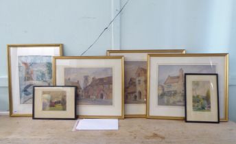 Six framed watercolours: to include Mead - a canal in a landscape  9" x 13"