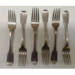 Silver flatware, six fiddle pattern forks  mixed marks