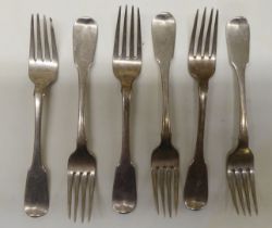 Silver flatware, six fiddle pattern forks  mixed marks