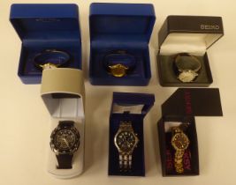 Six ladies variously designed modern cased and strapped wristwatches: to include Seiko, Lorus,