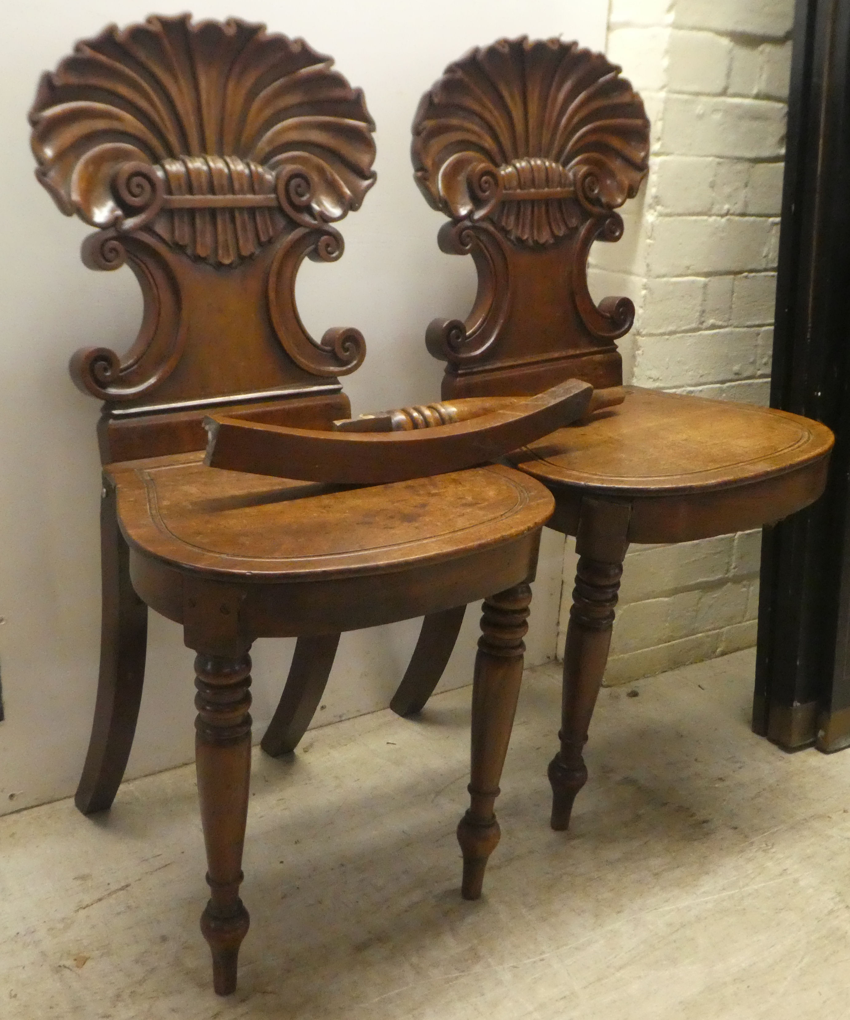 A pair of William IV mahogany hall chairs, the shell and twin C-scrolled back, over a solid seat, - Image 2 of 9