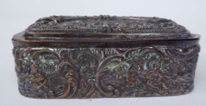 A 19thC silver plated casket with straight sides and a hinged lid, embossed in classical taste