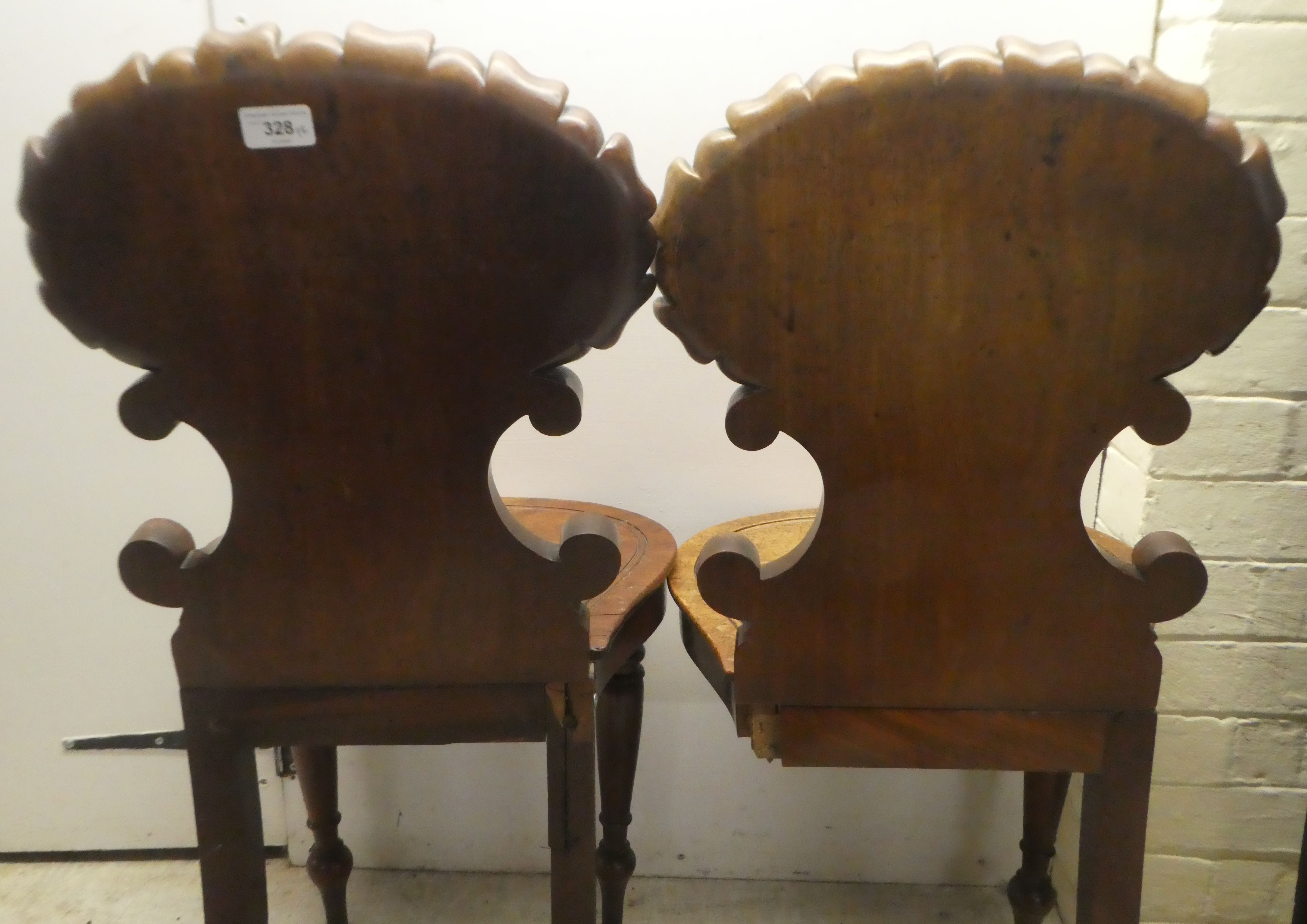 A pair of William IV mahogany hall chairs, the shell and twin C-scrolled back, over a solid seat, - Image 9 of 9