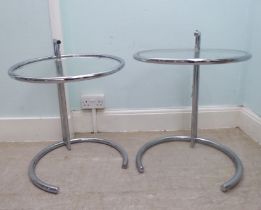 A pair of modern chromium plated, framed and glazed occasional tables  21"h  19"w