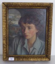 20thC British School - a neck and shoulders portrait, a woman  oil on board  10" x 13"  framed