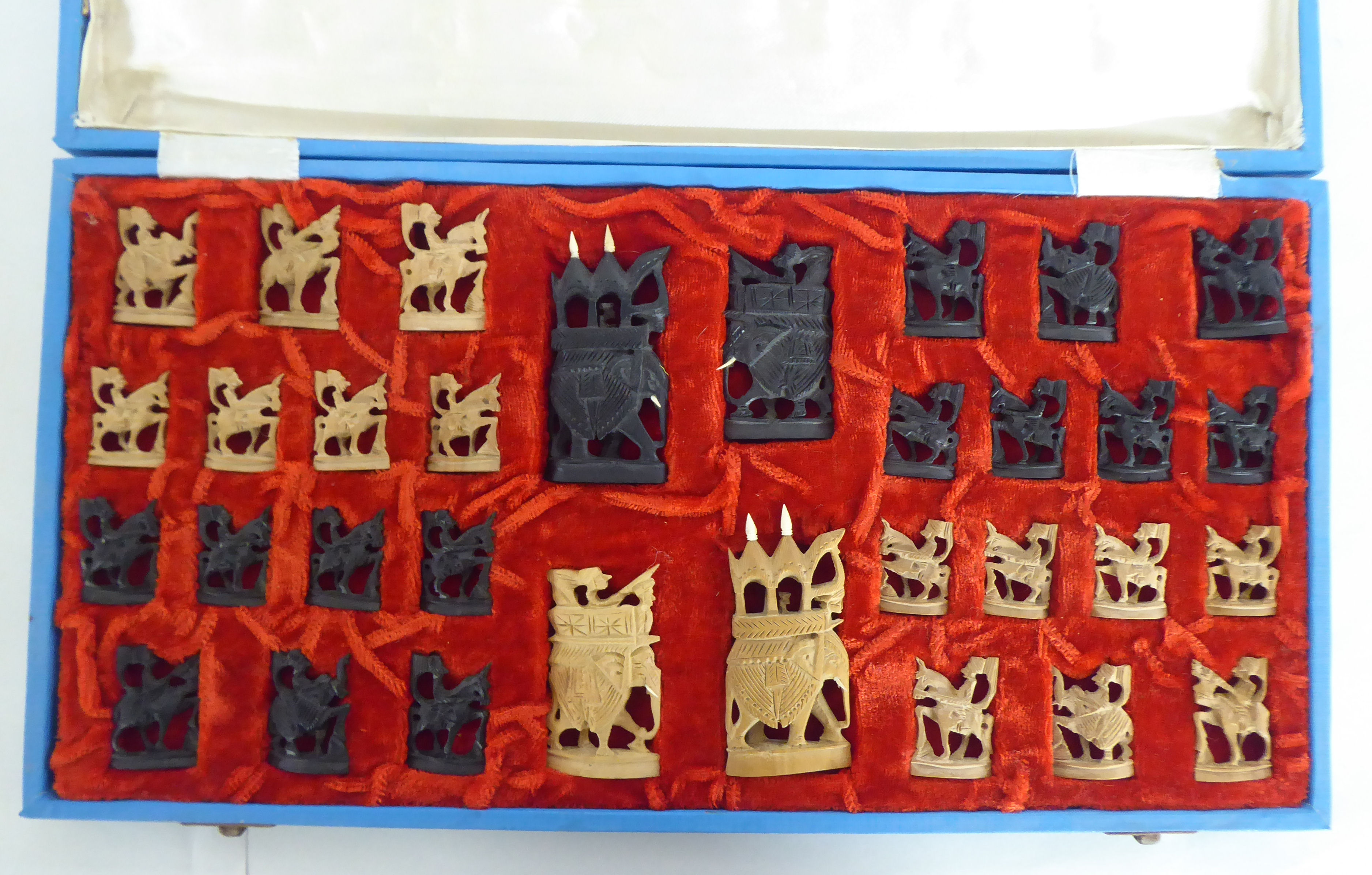 A modern Indian carved softwood complete chess set  cased - Image 2 of 5